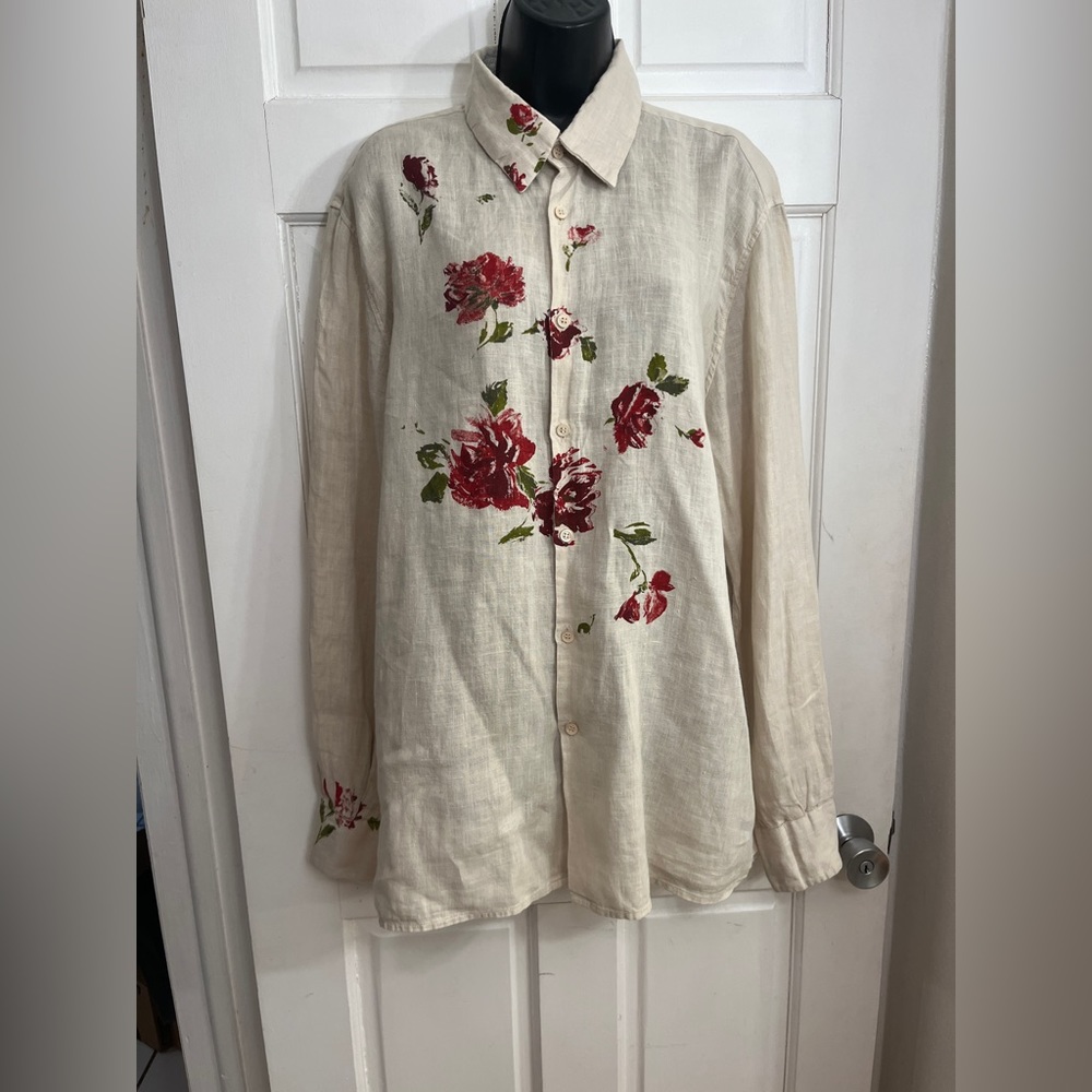Floral Embroidered Button-Down Linen Shirt - Cream with Red Roses